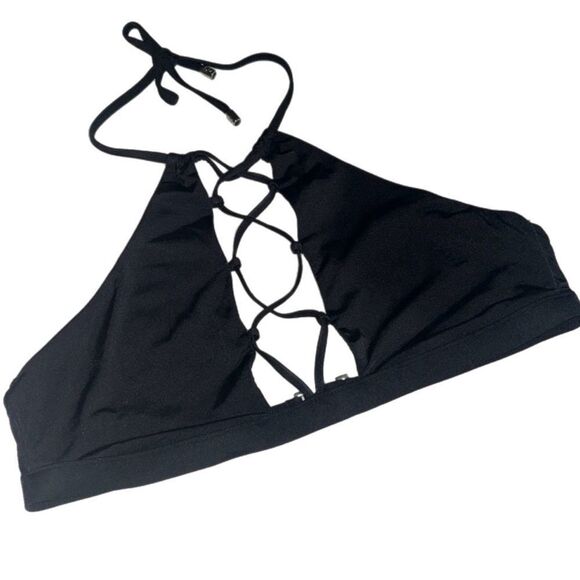 Beach Bunny Black Reese High Neck Halter Strappy Front Bikini Top Size Medium - Picture 5 of 7